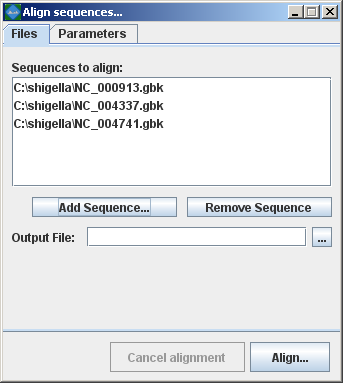 The align sequences window with some Shigella genomes added