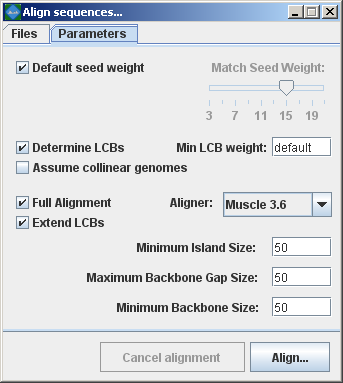 The GUI parameters panel for running a Mauve alignment
